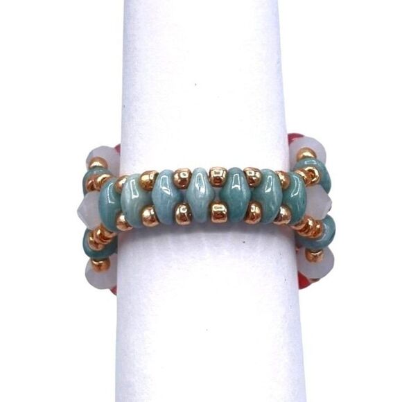 Sky Blue with Pink and White Opal Pearl Crystal Beaded Statement Ring Size 10 - Picture 4 of 8